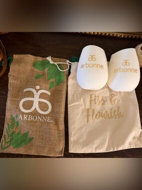Arbonne White Cups with Gold Logo and Branded Pouches